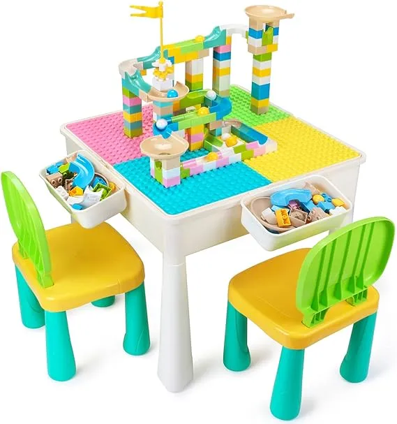 GobiDex All-in-One Kids Table and Chairs Set with 100PCS Marble Run Preschool Classroom Must Haves Multi Activity Toddler Table Kids Building Blocks Toys for Kids Ages 3+