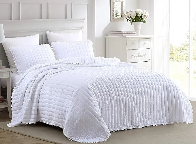 Chezmoi Collection Iris 3-Piece Pom Poms Quilt Set, Channel Quilted Pre-Washed ...