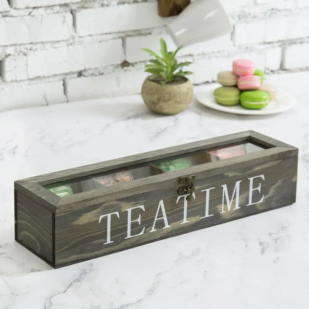 Compartment Gray Wood Tea Bag Storage Organizer Chest w/ Latching Clear Lid