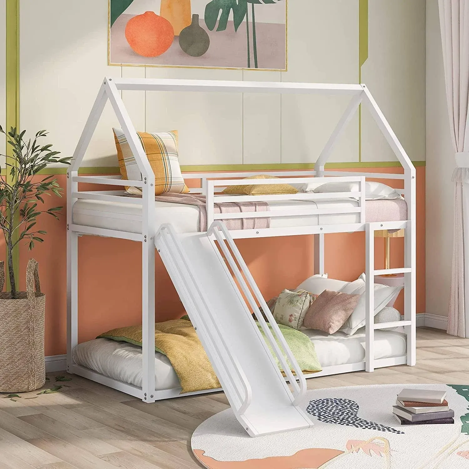 Twin over Twin House Bunk Bed with Ladder and Slide,White(Expected Next Arrival Time:6.25)