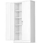 Greenvelly White Metal Storage Cabinet for Garage 72” Steel Locking Cabinet with Doors and 4 Shelves Tall Tool Cabinets for Garage Storage Systems L