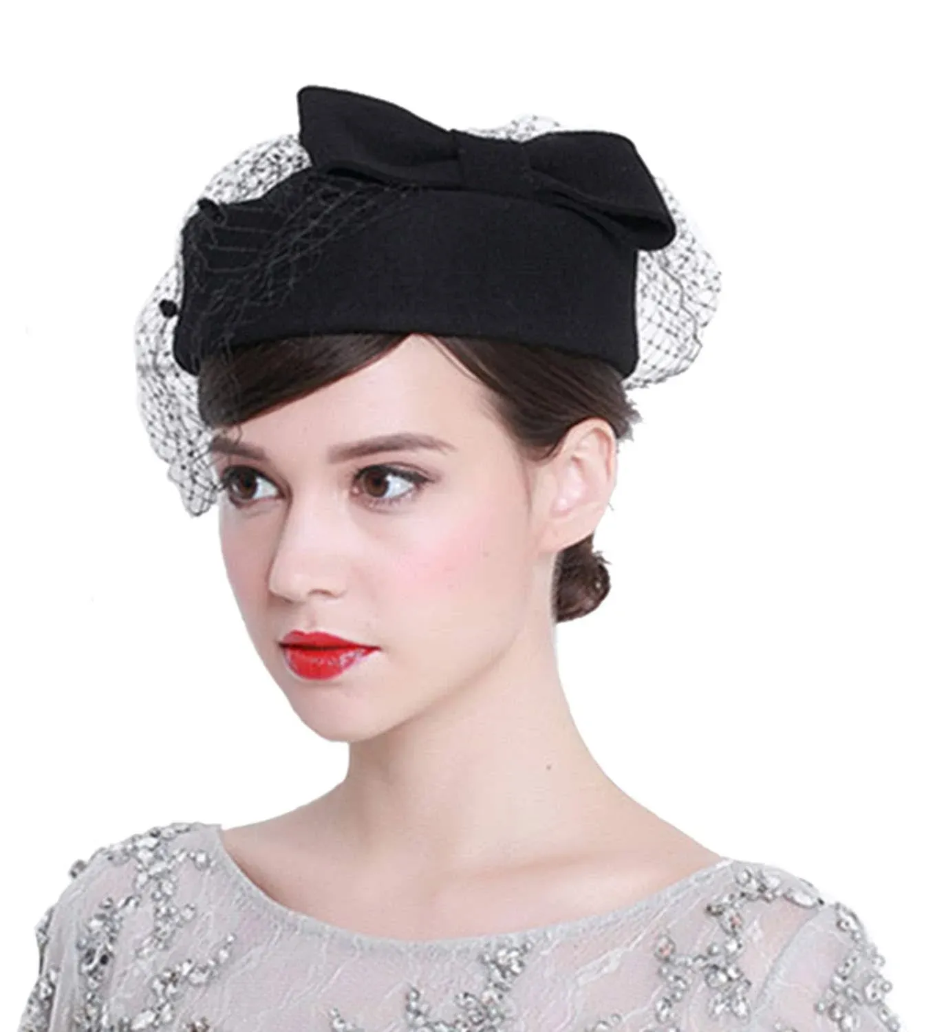 ORIDOOR Women's British Style Pillbox Church Derby Wedding Winter Vintage Fascinator Beret 100% Wool Felt Veil Hat