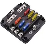 12 Volt Fuse Block, Waterproof 6 Way Fuse Box with 6 Ground Negative Busbar for Automotive[100 Amp Max] [LED Indicator] for Car Golf Cart Boat Marine RV DC 12-24V