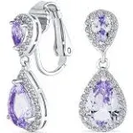 Bridal Teardrop CZ Halo Chandelier Clip on Earrings Silver Rose Gold - Purple