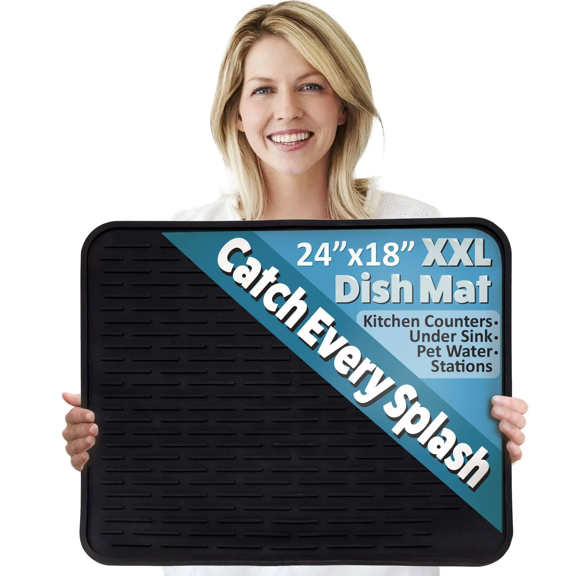 XXL Super Size Silicone Dish Drying Mat 60cm x 46cm - Large Drainer Mat and Trivet by LISH (Black)