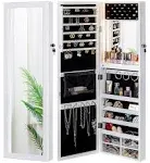 LUXFURNI Mirror Jewelry Cabinet 79 LED Lights Wall-Mount/Door-Hanging Armoire, Lockable Storage Organizer w/Drawers (White)