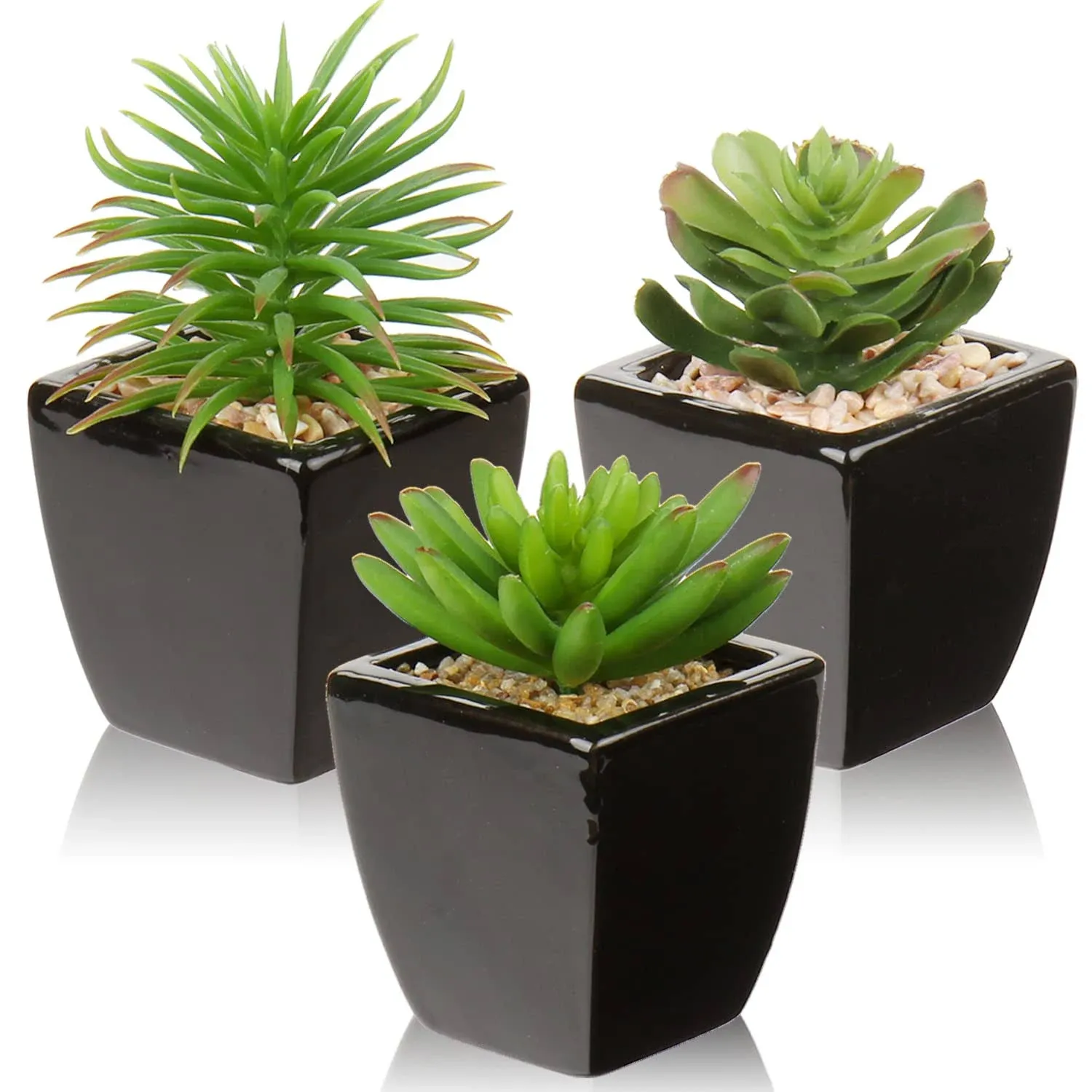 Hollyone Small Succulents Artificial 3 Pcs Faux Succulents in Pots Fake Succulent Plants with Black Ceramic Pots for Modern Home Office Desk Bathroom Shelf Living Room Decor