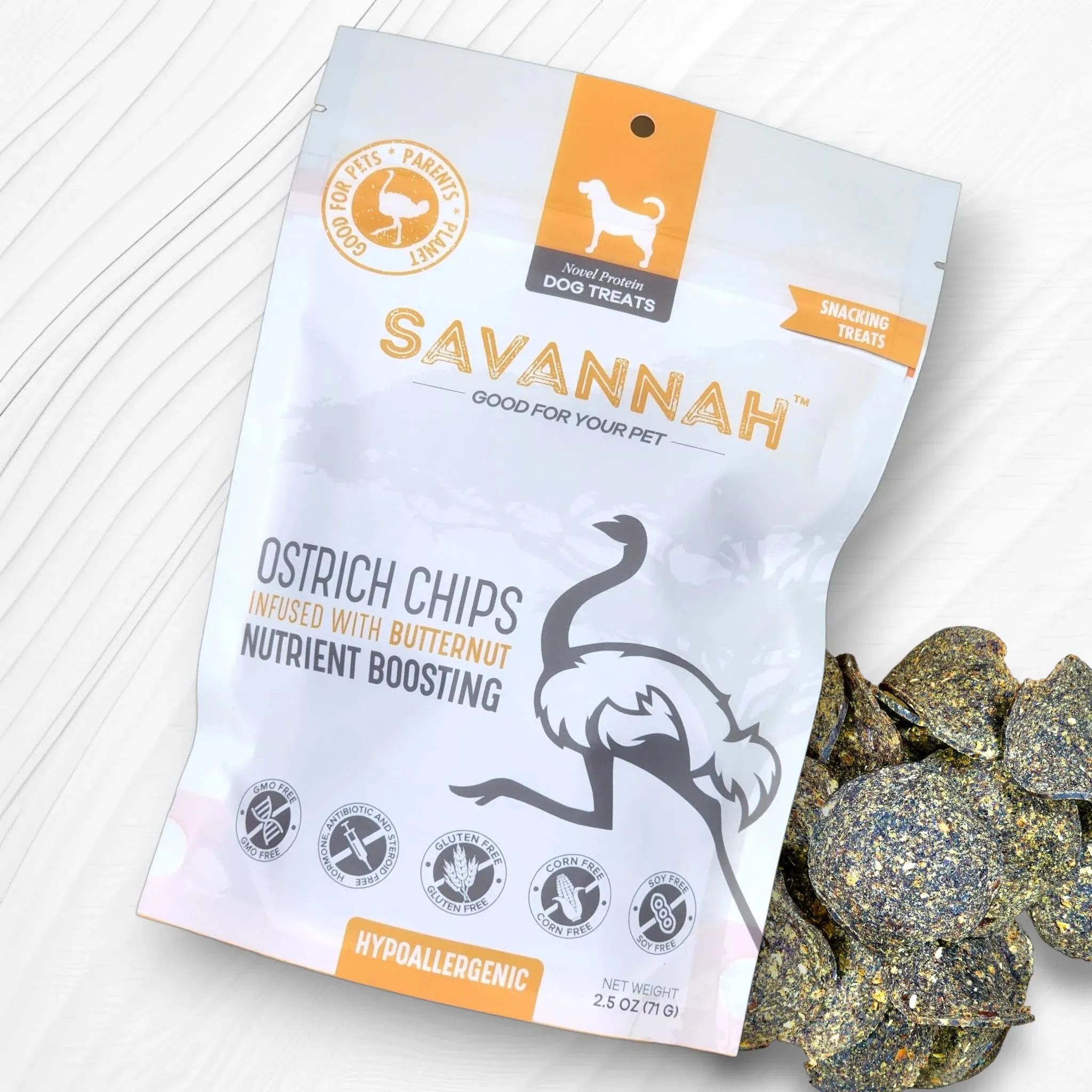 Savannah Pet Food Hypoallergenic Ostrich Dog Treats Chips with Nutritious Butternut