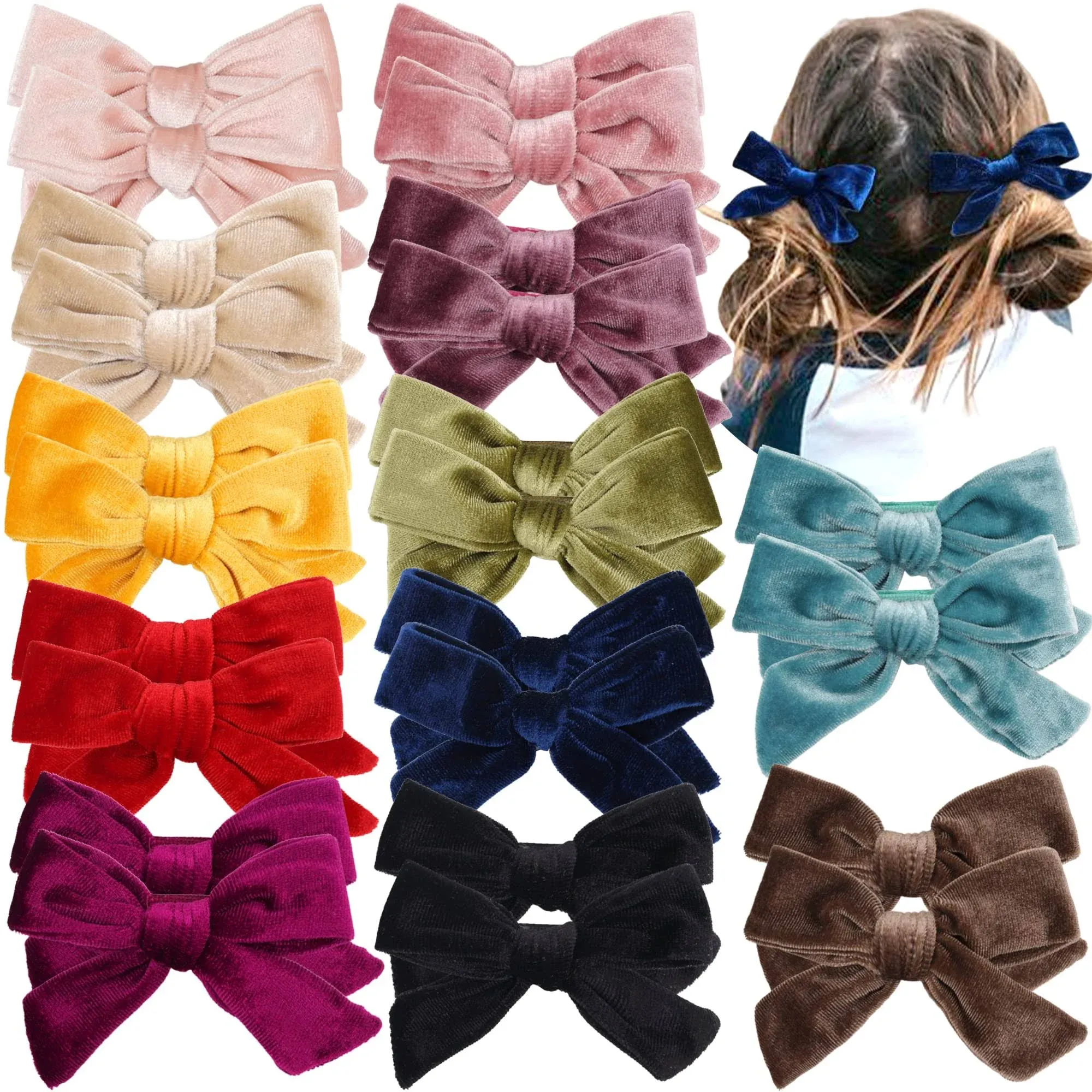 Yxiang 24PCS/12Pairs Baby Girls Hair Clips 4Inches Velvet Hair Bows Solid Color Fully Lined Non Slip Barrettes Hair Accessories for Toddler Little Girl School Kid (12 Colors)