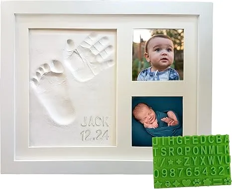 Baby Hand & Footprint Frame Keepsake Kit | Capture Milestone Moments with Safe Clay, Stencil Set & Wood Frame | Perfect Newborn Gift for Baby Showers | White