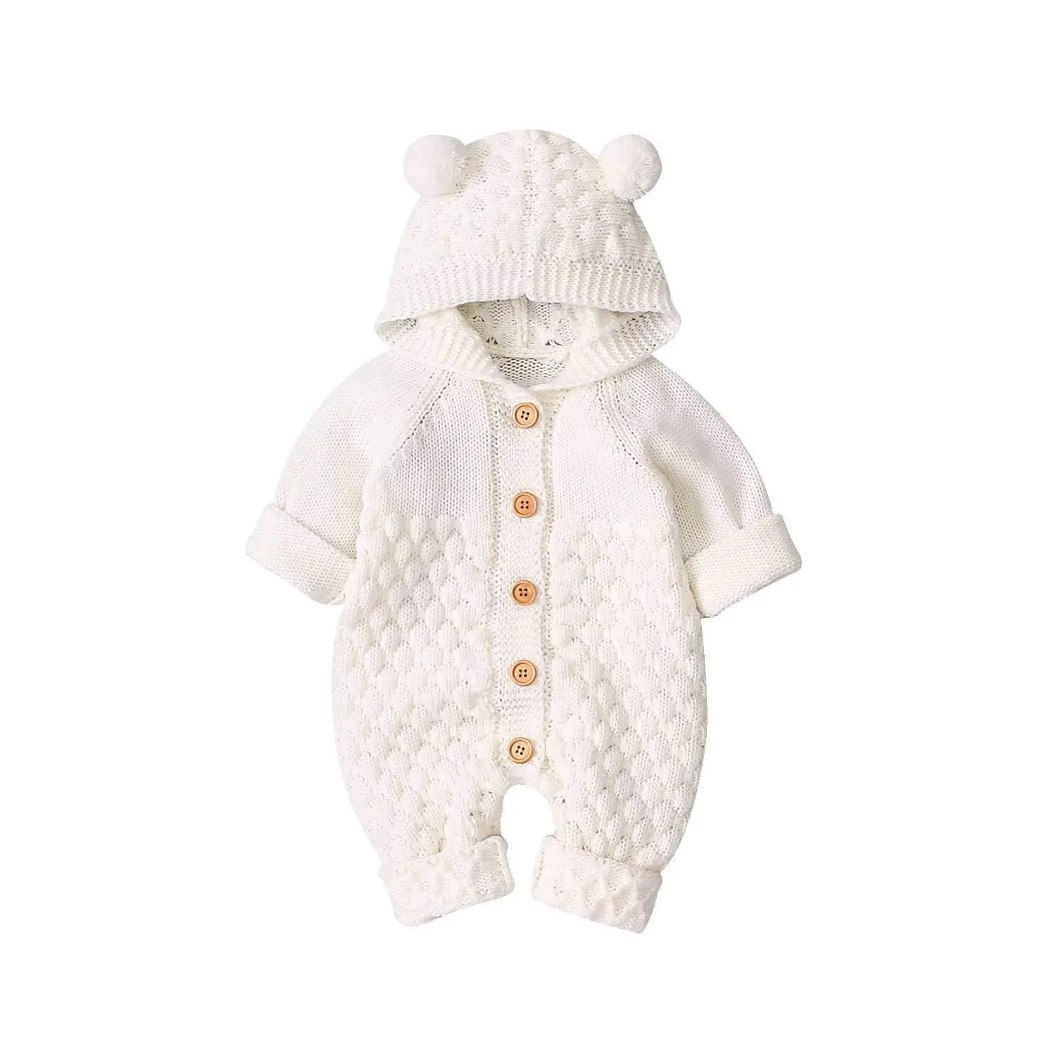 Ibtom Castle Unisex Baby Boy Girl Cute 3D Bear Ears Hooded Knitted Sweater Long Sleeve Romper Overall Sleepwear Winter Warm Clothes