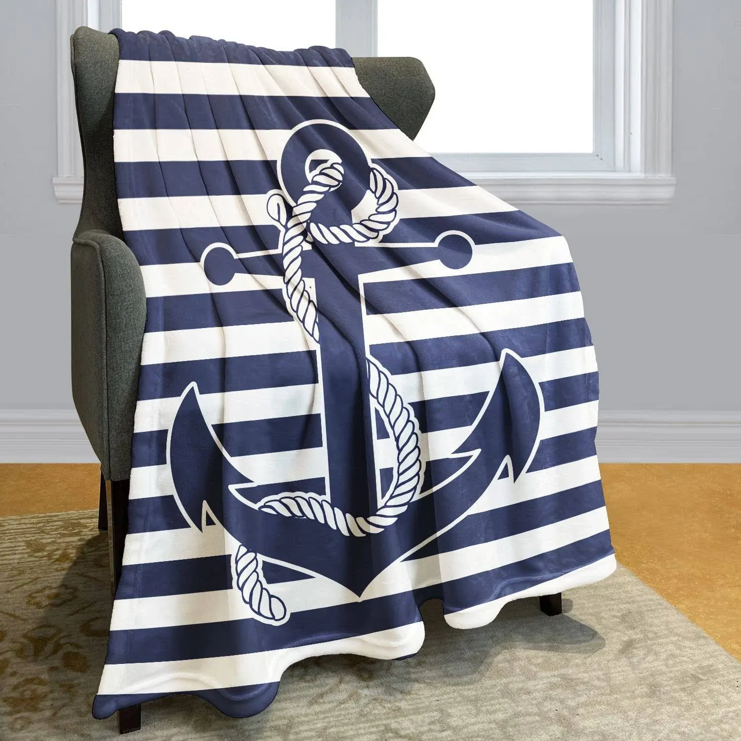 YISUMEI Navy Stripes Blanket Nautical Theme Anchor Throw Blanket Warm and Cos...