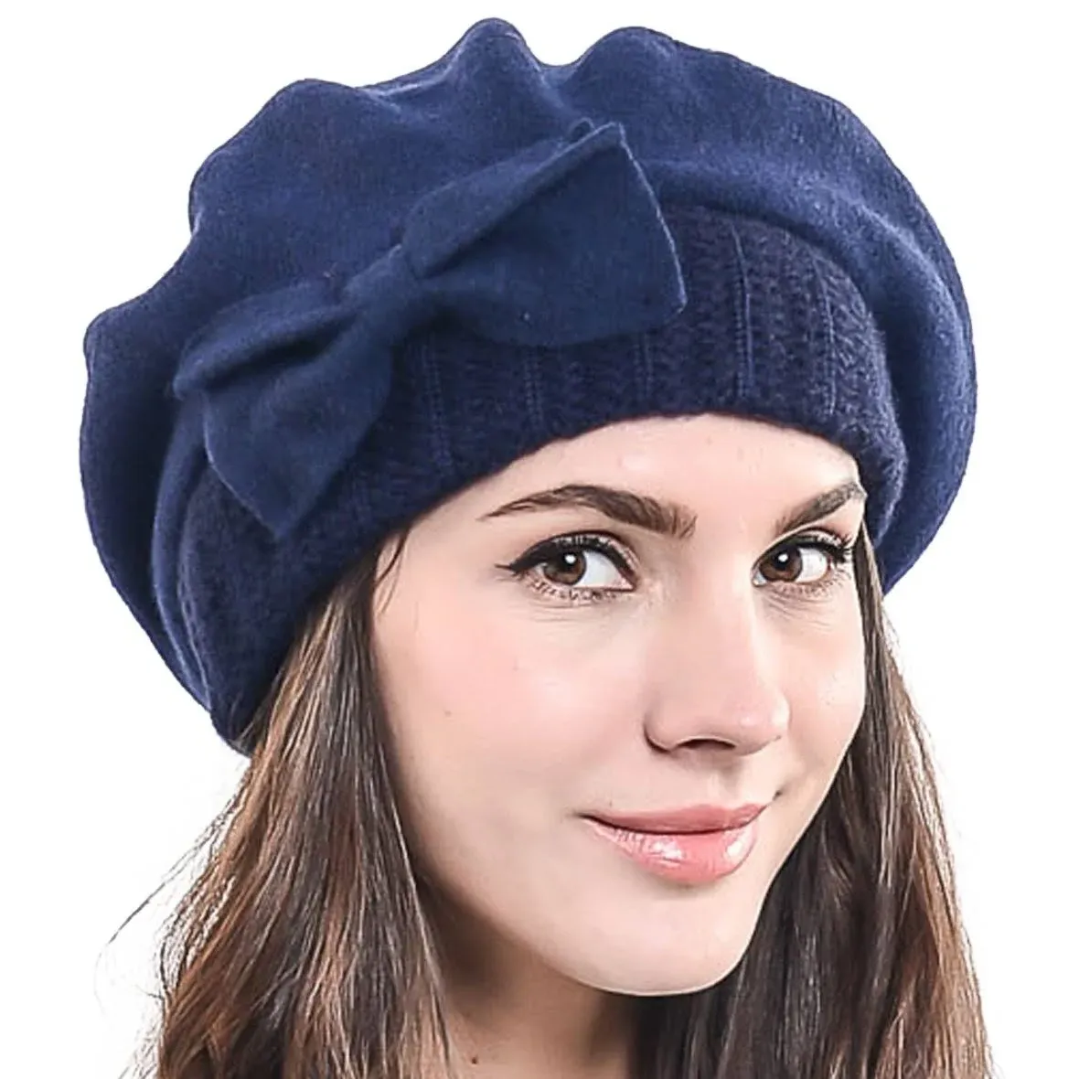 F&n Story Lady French Beret Wool Beret Chic Beanie Winter Hat Jf-br034 (HY022-Navy)