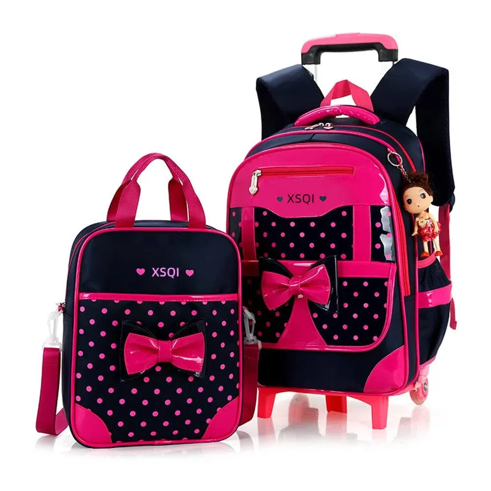 Cute Bowknot Rolling Backpack for Girls Wheeled School Bag with Handbag