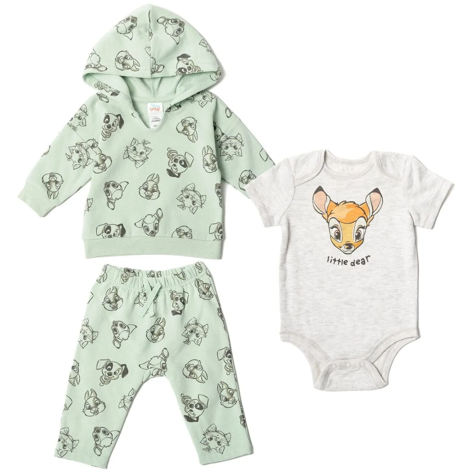 Disney Classics Bambi Marie Thumper Infant Baby Boys or Girls Fleece Pullover Hoodie Bodysuit and Pants 3 Piece Outfit Set Newborn to Infant, Infant