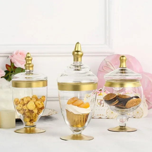 Set of 3 Gold Trim Clear Glass Apothecary Candy Jars With Snap On Lids 9"/9"/8"