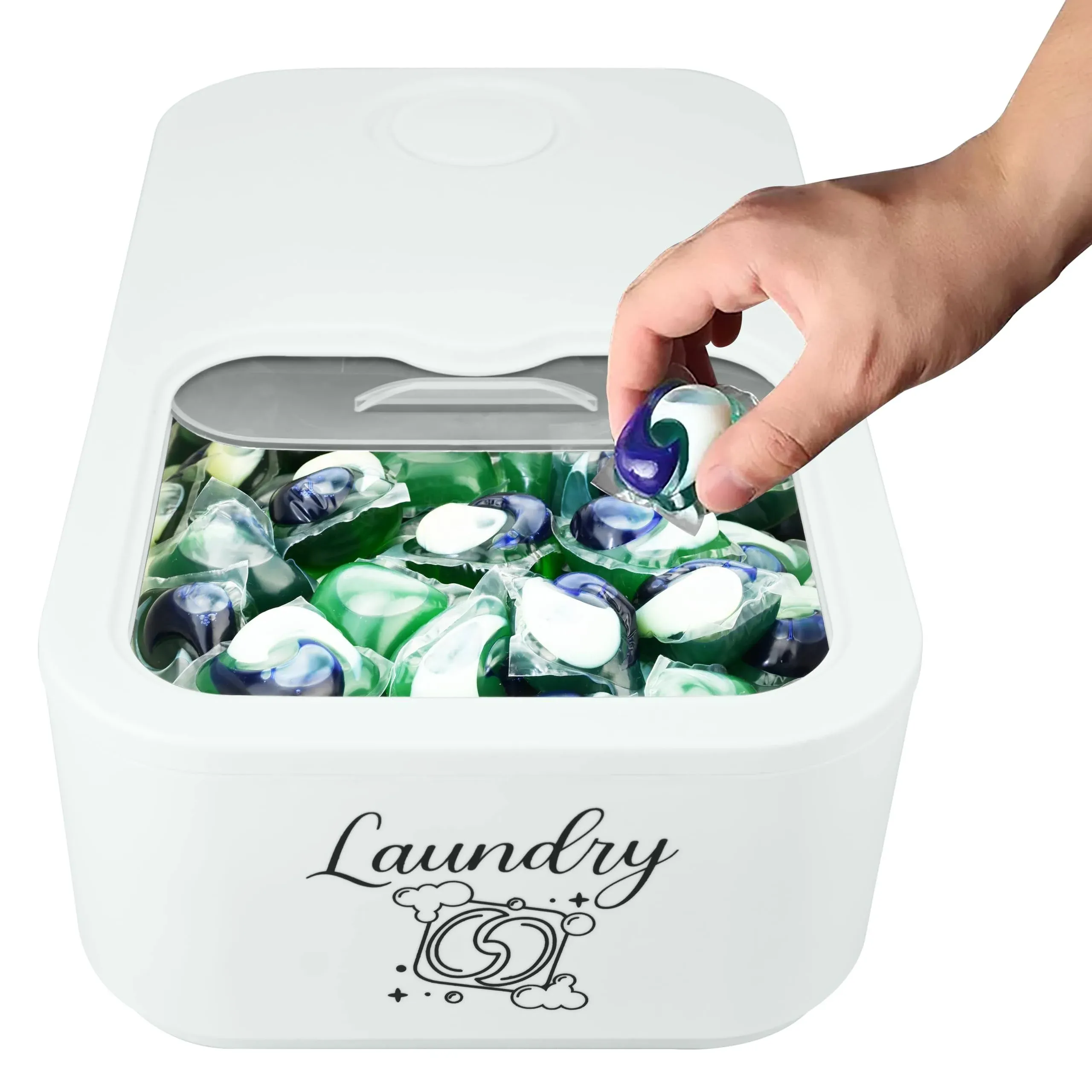 Skywin Laundry Pod Container with Slide Lid (White with Print) - 15 x 8.7 X4.5 in Stylish Laundry Pod Storage Container for Laundry Room Container