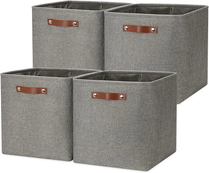 EZOWare Set of 4 Fabric Nursery Storage Cube Bins, Foldable Organizer Baskets Set with Handles 13 x 15 x 13 inch for Home Closet Drawer, Baby Toys, Diaper, Towel - Gray