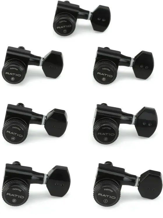 Graph Tech Ratio 7-In-Line Electric Locking Tuning Machine Heads with Staggered Posts Black 7 String