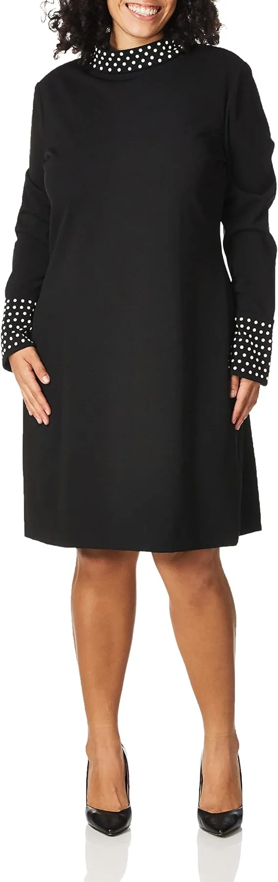 Karl Lagerfeld Paris Black Faux Pearl Trim Bell Sleeves Stretch Dress Size 8 NWT