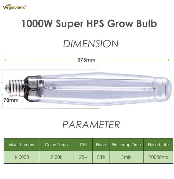 Vegelumax 1000Watt Hydroponic Grow Light Bulb