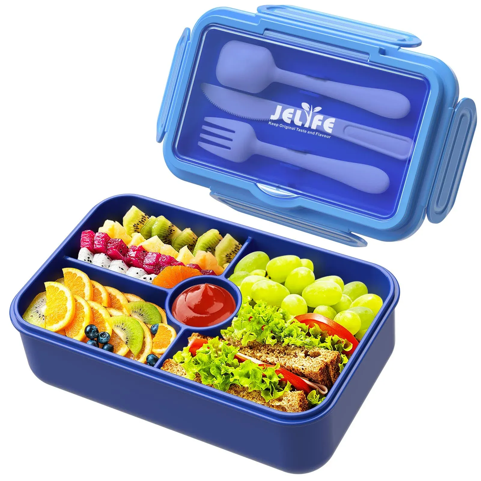 Jelife Bento Lunch Box for Kids - Leakproof Large Bento-Style with 4 Compartments Portions Lunchbox with Tableware Back to School, Reusable On-the-Go Meal and Snack Packing, Blue