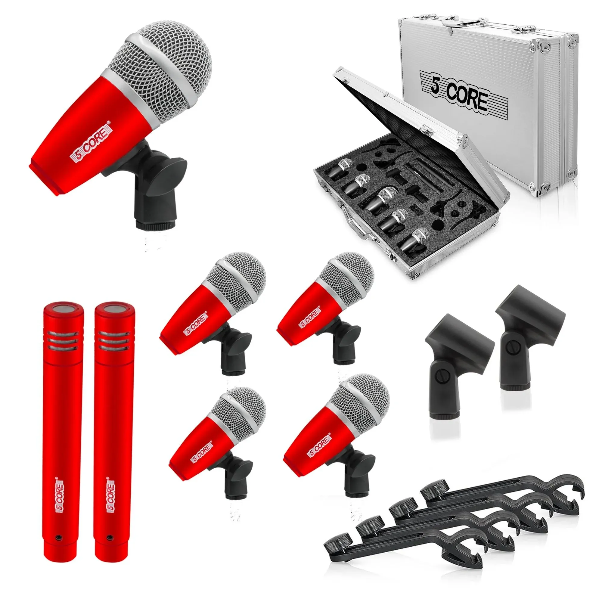 5 CORE Professional Drum Mic Kit 9 Piece Metal XLR Dynamic Vocal Microphone for Kick Bass Tom Snare & Cymbals Congas Instrument Set for Live Applications & Studio Recording Drummers DM 9RND RED