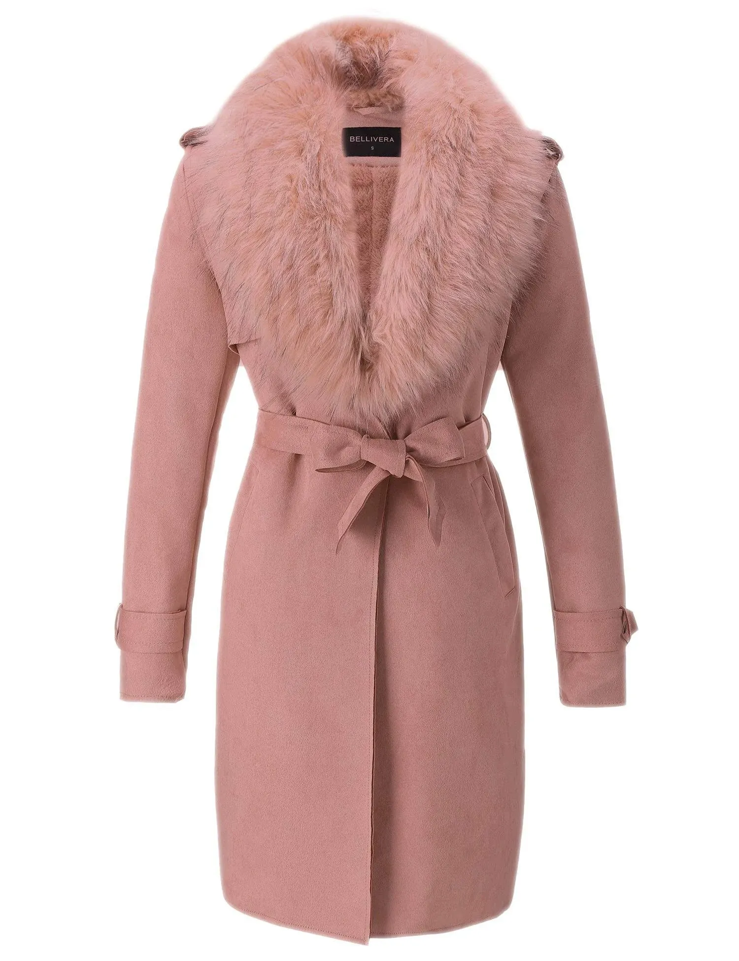 Bellivera Faux Suede Trench Coat Cardigan Faux Fur Collar Jacket, Pink , M