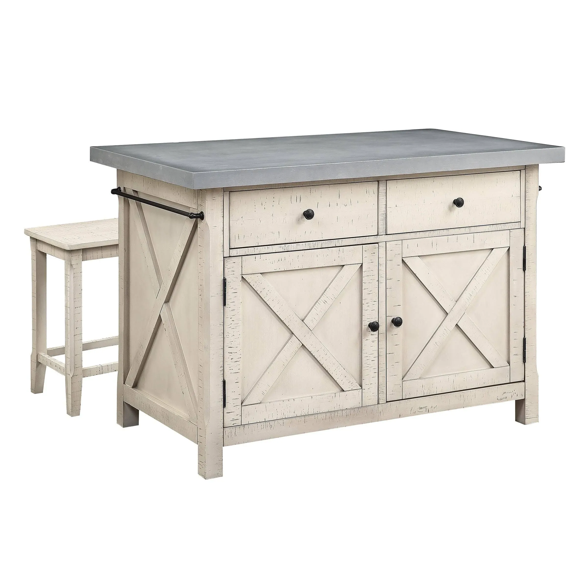 OSP Home Furnishings Nashville Kitchen Island with 2 Matching Stools, Cement Grey Top