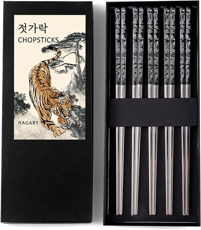 Hagary Tiger Metal Reusable Chopsticks Black / 5