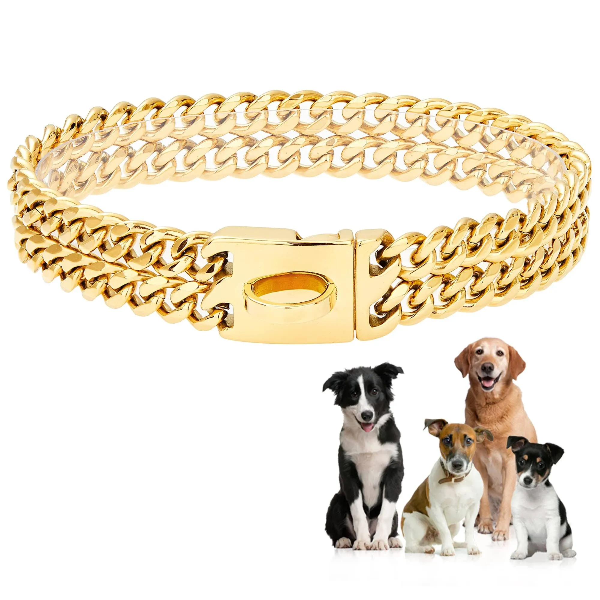 W/W Lifetime Gold Dog Chain Collar Walking Metal Chain Collar with Design Secure ...