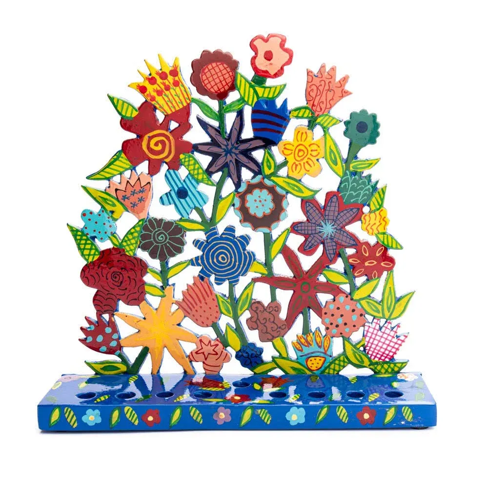 Yair Emanuel Floral Pattern Menorah in Bright Colors in Painted Metal