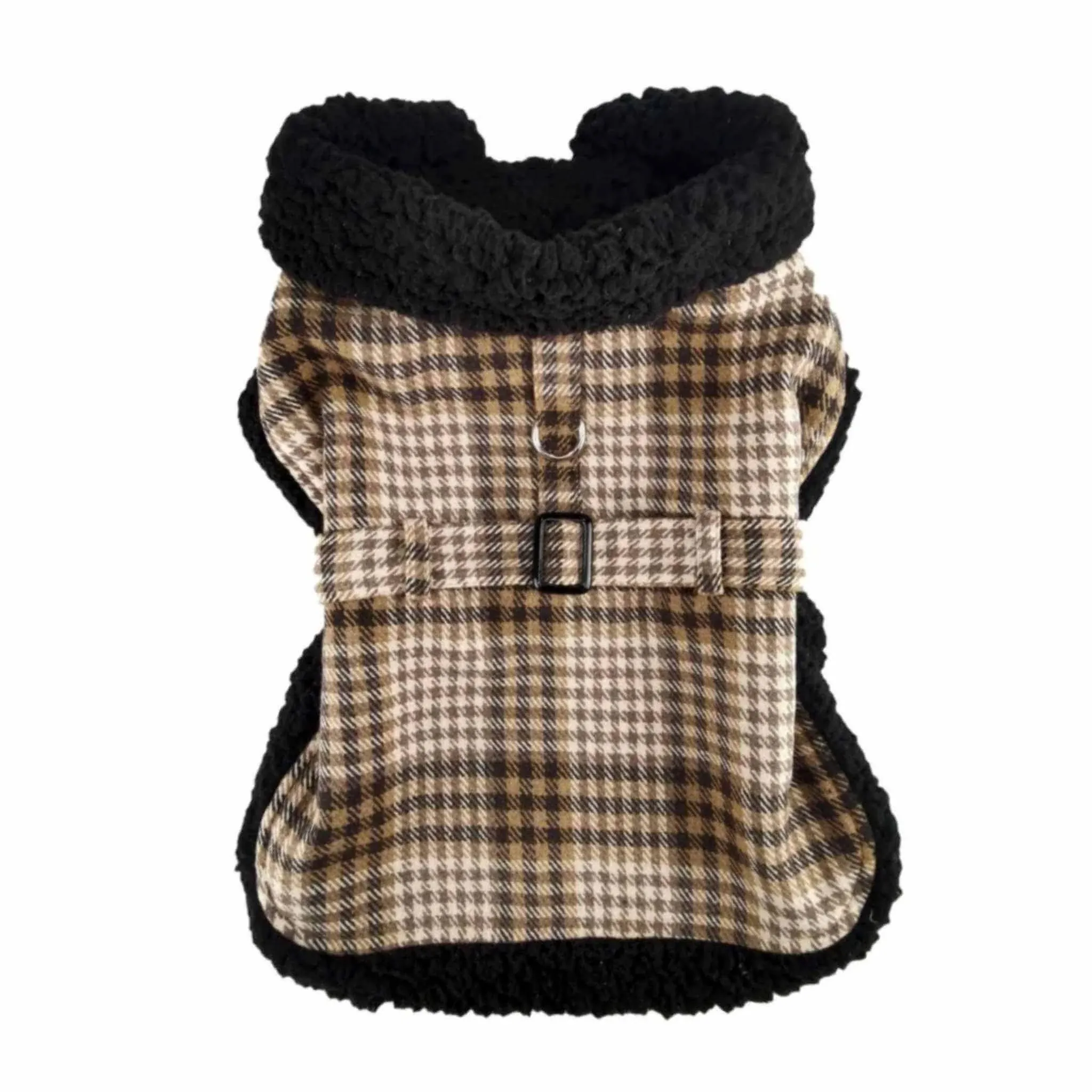 Sherpa-Lined Dog Harness Coat (X-Small, Brown & White Plaid)