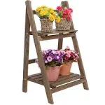 Rustic Brown Wood 2 Tier Freestanding Foldable Shelf / Planter Pot Display Stand