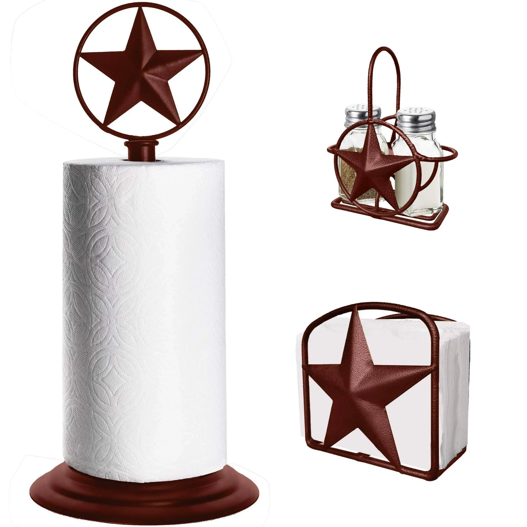 Brown Rustic Texas Star Paper Towel, Napkin, Salt and Pepper Holder, Kitchen Set