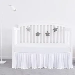 Crib Bed Skirt White for Baby Girls Boys Pleated with Tassel Pompoms Dust Ruffled 14" Drop, Fit All Standard Crib Toddler Bed Skin-Friendly & Soft Machine Washable Nursery Bedding Skirts