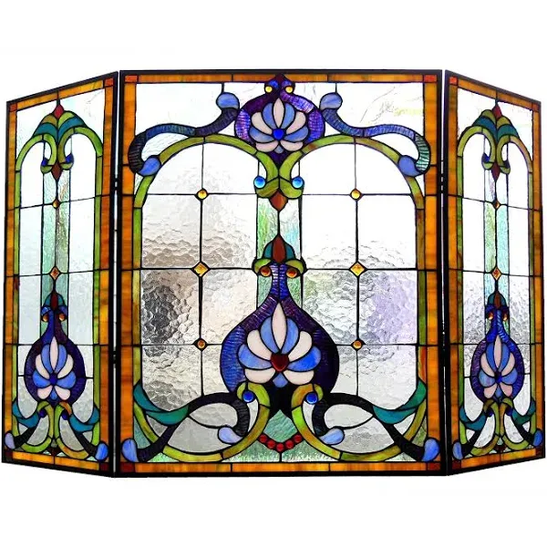 Chloe Lighting 3pcs Folding Victorian 44" Wide Tiffany-Glass Fireplace Screen