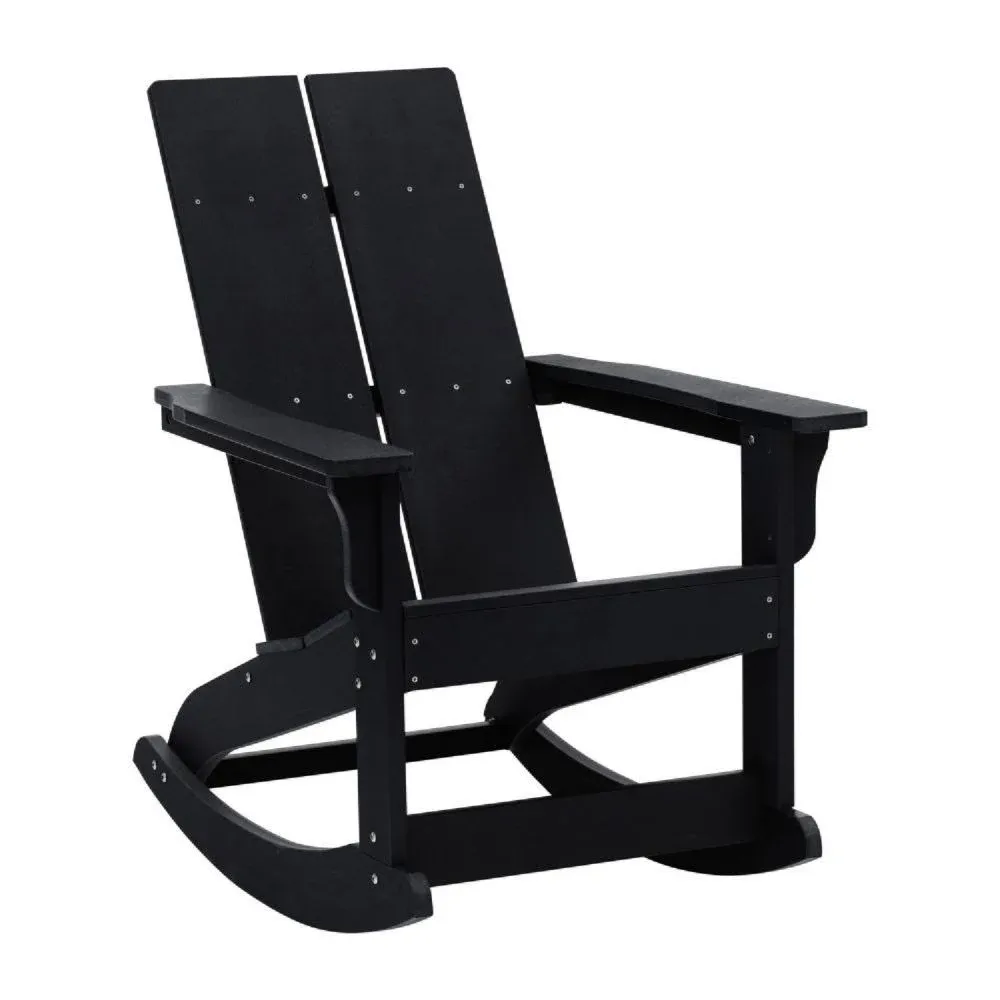 Emma + Oliver Harmon Modern All-Weather Black Poly Resin Adirondack Rocking Chair for Indoor/Outdoor Use