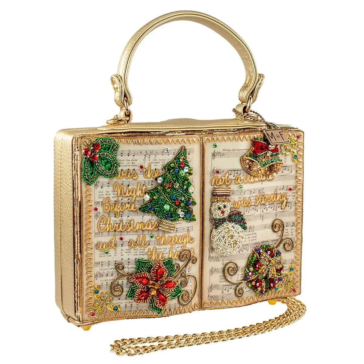 Mary Frances Christmas Carols Beaded Top Handle Song Book Handbag, Gold