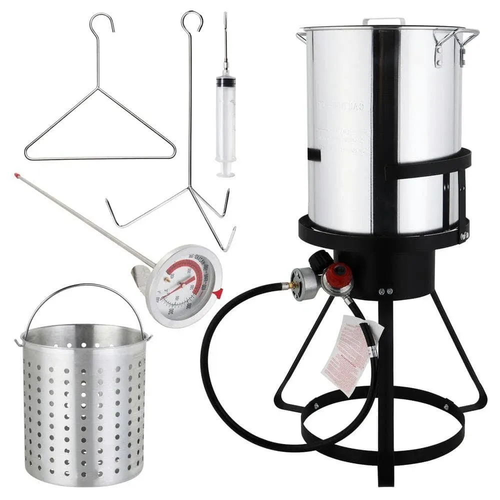 30 qt. Turkey Fryer with Boiler Steamer Set Basket and 55000btu Propane Burner Outdoor Deep Fryer and Seafood Boil Pot