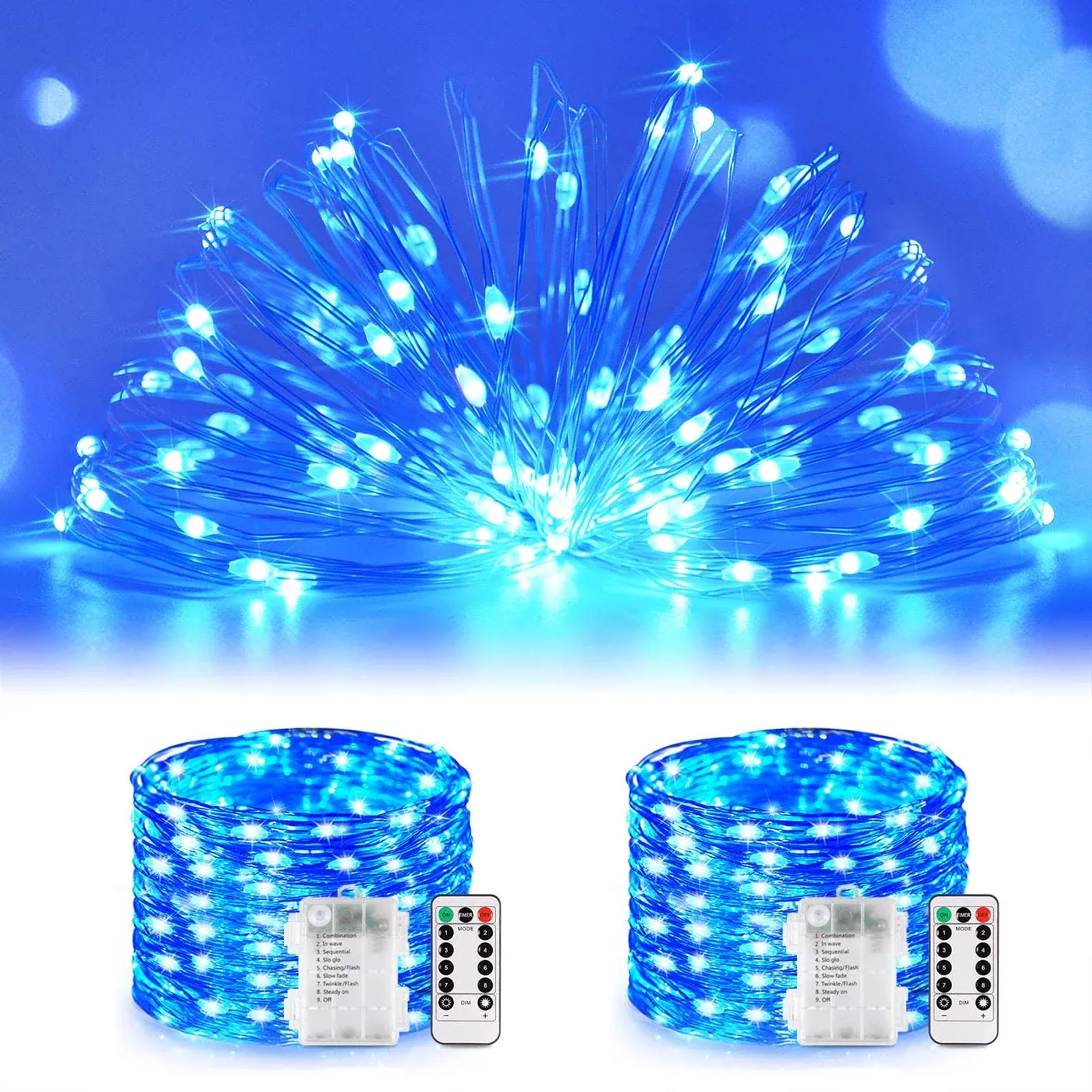 JMEXSUSS 2 Pack Blue Fairy Lights Battery Operated 33 ft 100 LED Blue String Lights Waterproof with Remote Timer