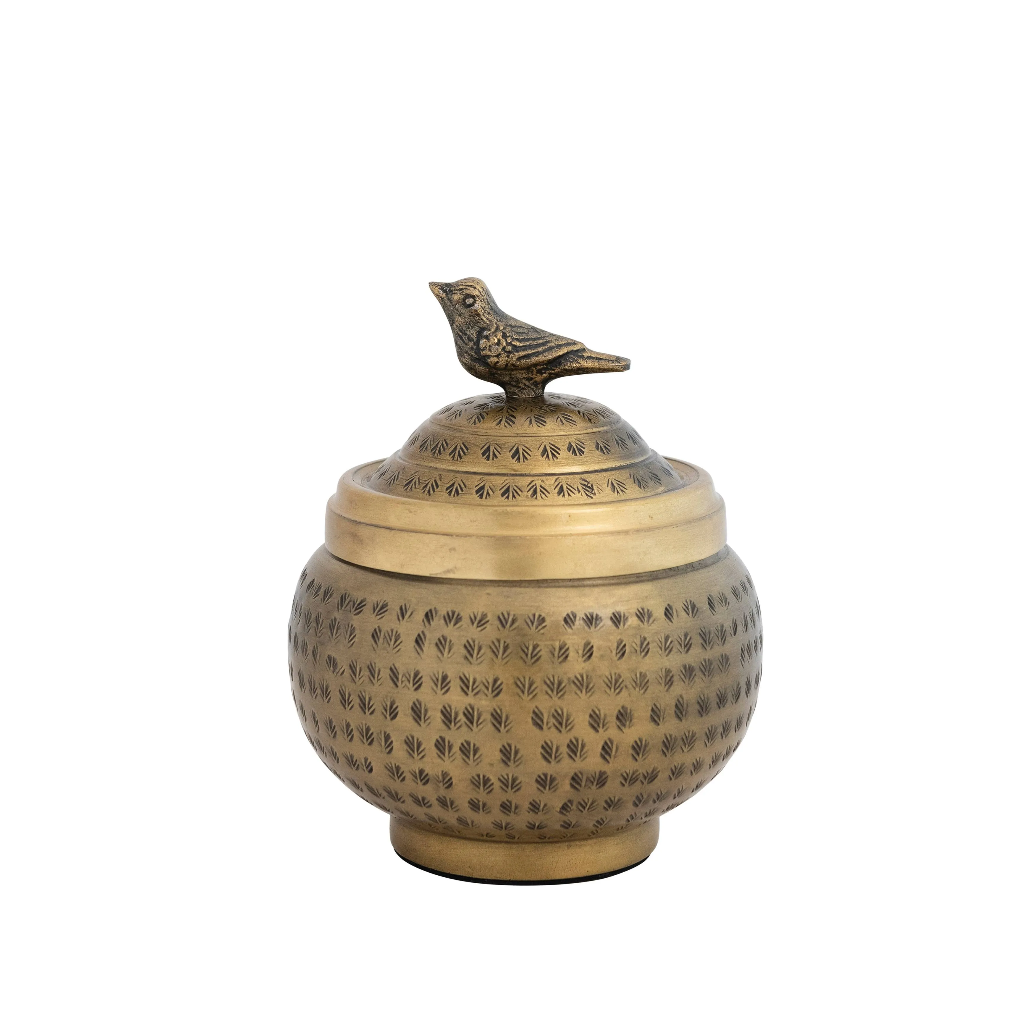  Hammered Aluminum Sphere Lid and Antique Brass Finish Container Bird