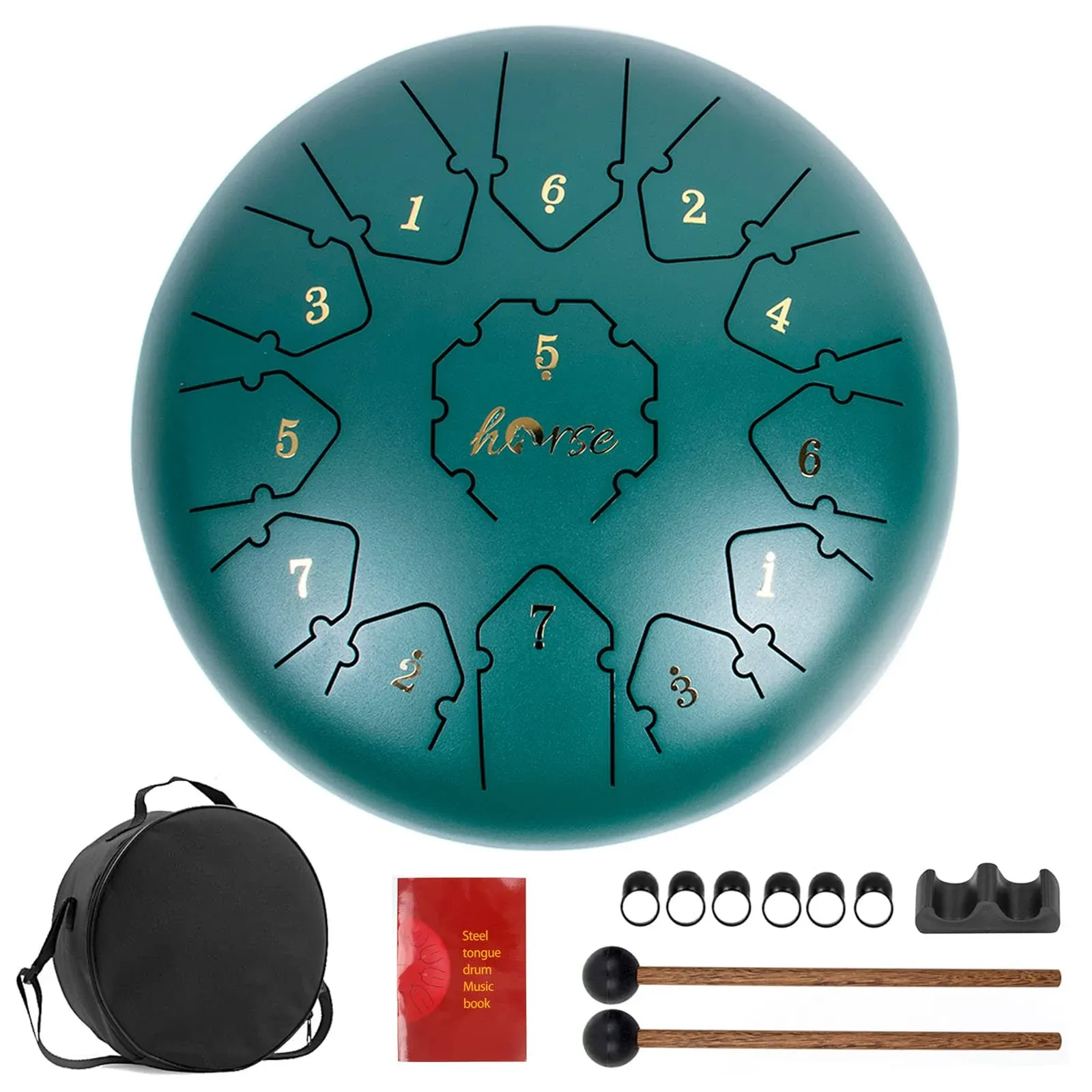 Horse Steel Tongue Drum 12 inch 13 Notes Tank Drum C Key Percussion Steel Drum Kit with Drum Mallets Note Stickers Finger Picks Mallet Bracket and Gig