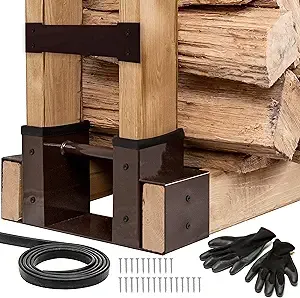 TIDYBOSS Outdoor Firewood Log Storage Rack | 2x4 Bracket kit | Adjustable to Any Length with Seal Strip, Gloves, Steel Plates and Screws (Dark Brown)