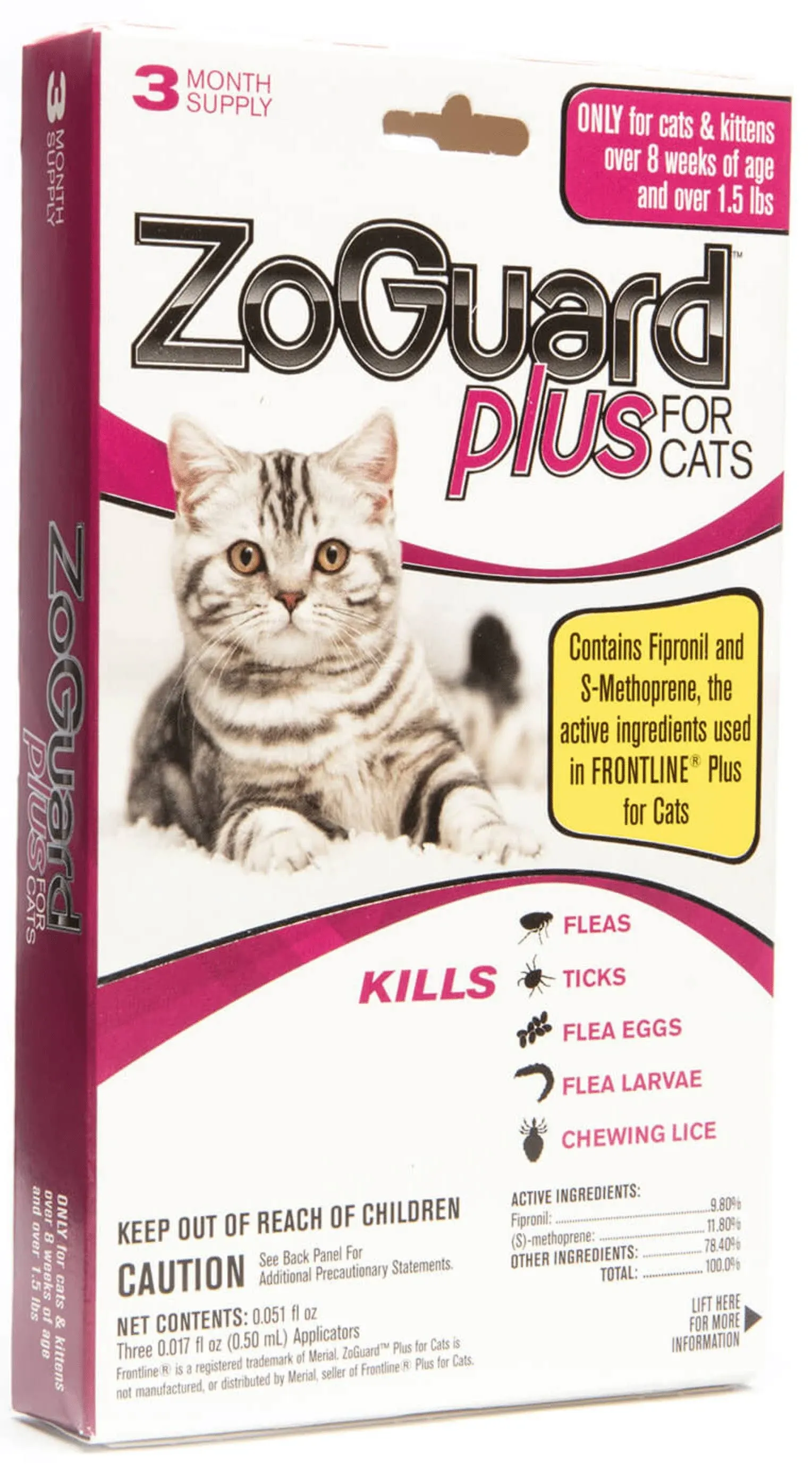 ZoGuard Plus Flea and Tick Prevention for Small Cats – Flea & Tick Prevention for Cats Over 1.5lbs (3 Doses)