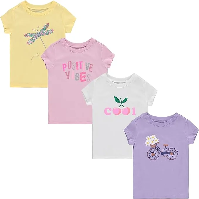 BTween Girls 4-Piece Summer Tops | Fashionable Short Sleeve T-Shirt | Casual Daily Shirt for Kids - Assorted Colors