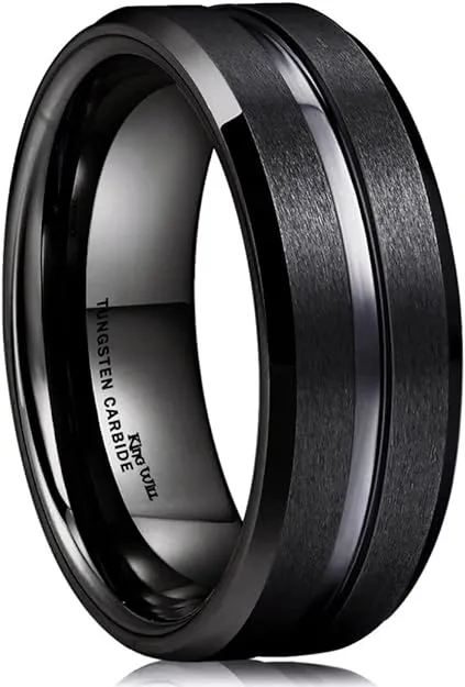 Men King Will Classic Black Tungsten Carbide Wedding Band Ring Polished Finish Grooved Center Comfort Fit