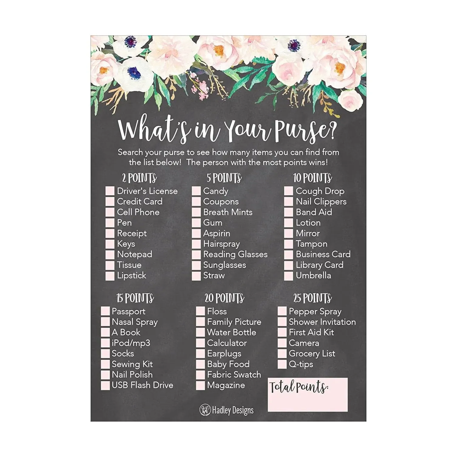 Hadley Designs 25 Rustic Floral Whats in Your Purse Bridal Wedding Shower or ...