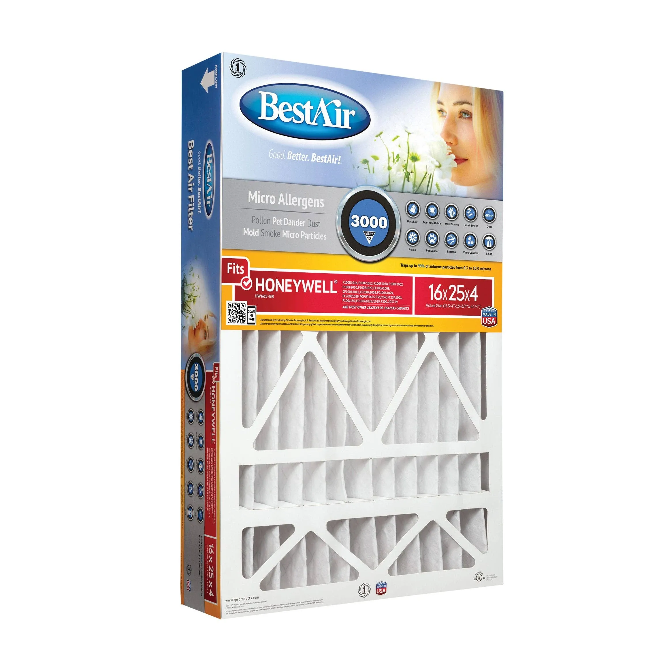 BestAir - HW1625-13R - 25 in. W x 16 in. H x 4 in. D 13 MERV Pleated Air Filter