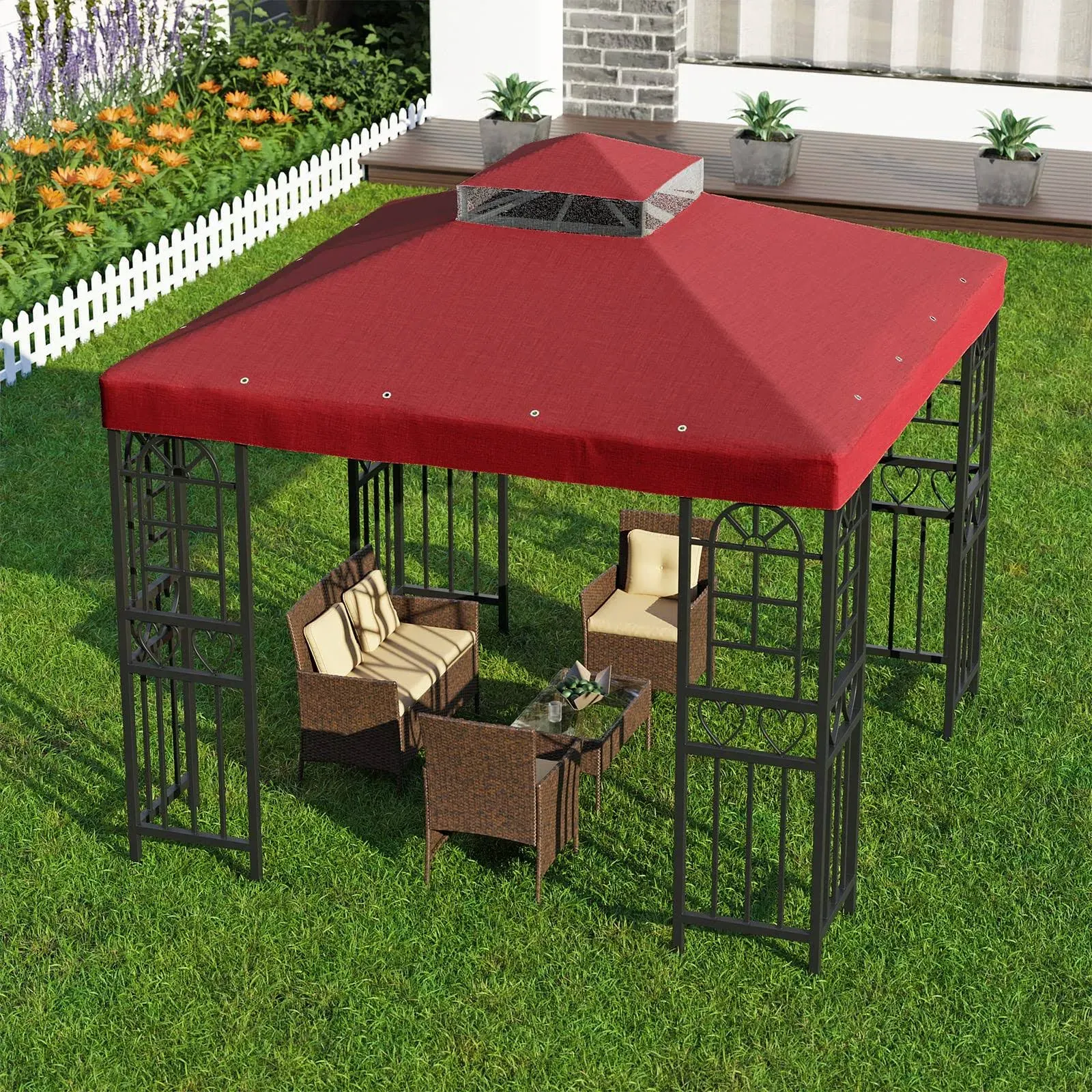 10&#039; X 10&#039; Gazebo Canopy Double Tier Patio Canopy Top Cover-Red